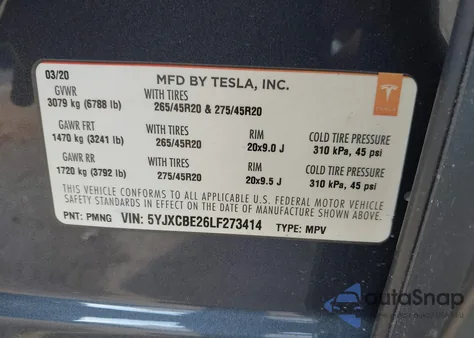 2020 Tesla Model X Long Range Dual Motor All-Wheel Drive/Long Range Plus Dual Motor All-Wheel Drive from USA, damaged, VIN 5YJXCBE26LF273414